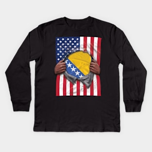 Bosnia & Herzegovina Flag American Flag Ripped - Gift for Bosnian Herzegovinian From Bosnia And Herzegovina Kids Long Sleeve T-Shirt